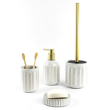 White Fluted Ceramic Bathroom Set with Gold Hardware