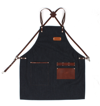 Barista apron, denim bib apron with criss cross leather straps