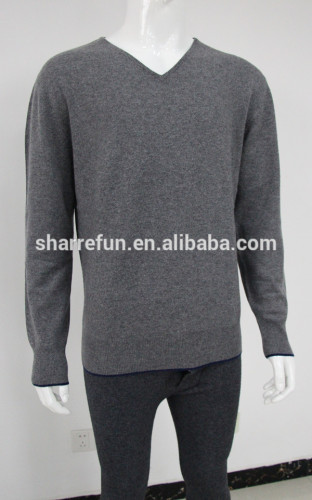 12gg flat knitted v neck pure cashmere men sweater with elbow-patches