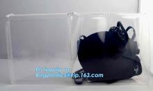 cosmetic zip closure plastic vinyl travel bag with two button pockets, PVC vinyl printed plastic ziplock slider packing bag