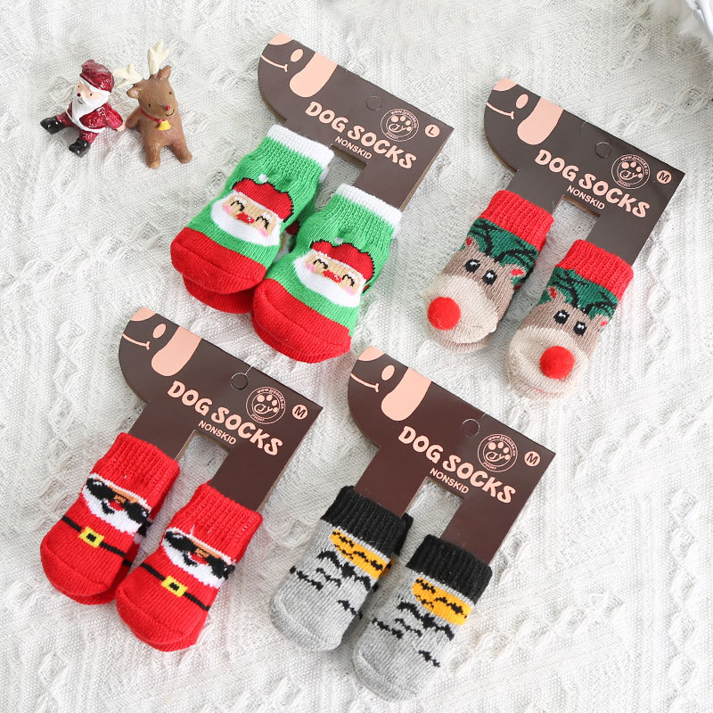 Santa Socks Pet Dogs Cats Small and Medium-sized Dogs Fall and Winter Warmth Elastic Shoes Accessories Supplies