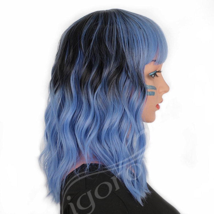 Ombre Blue Black Cheap Heat Safe Fiber High Quality Afro Wholesale Synthetic Short Wigs For Black Women