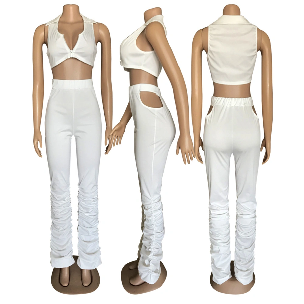 New Arrivals 2 Piece Set Women Clothing Sexy Crop and Stacked Pleat Pants