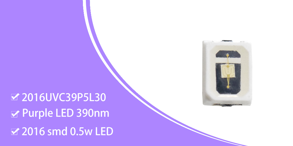 2016UVC39P5L30 High Lumen UV LEDs 390-395nm LED 2016 SMD 0.5W 150mA Purple LED