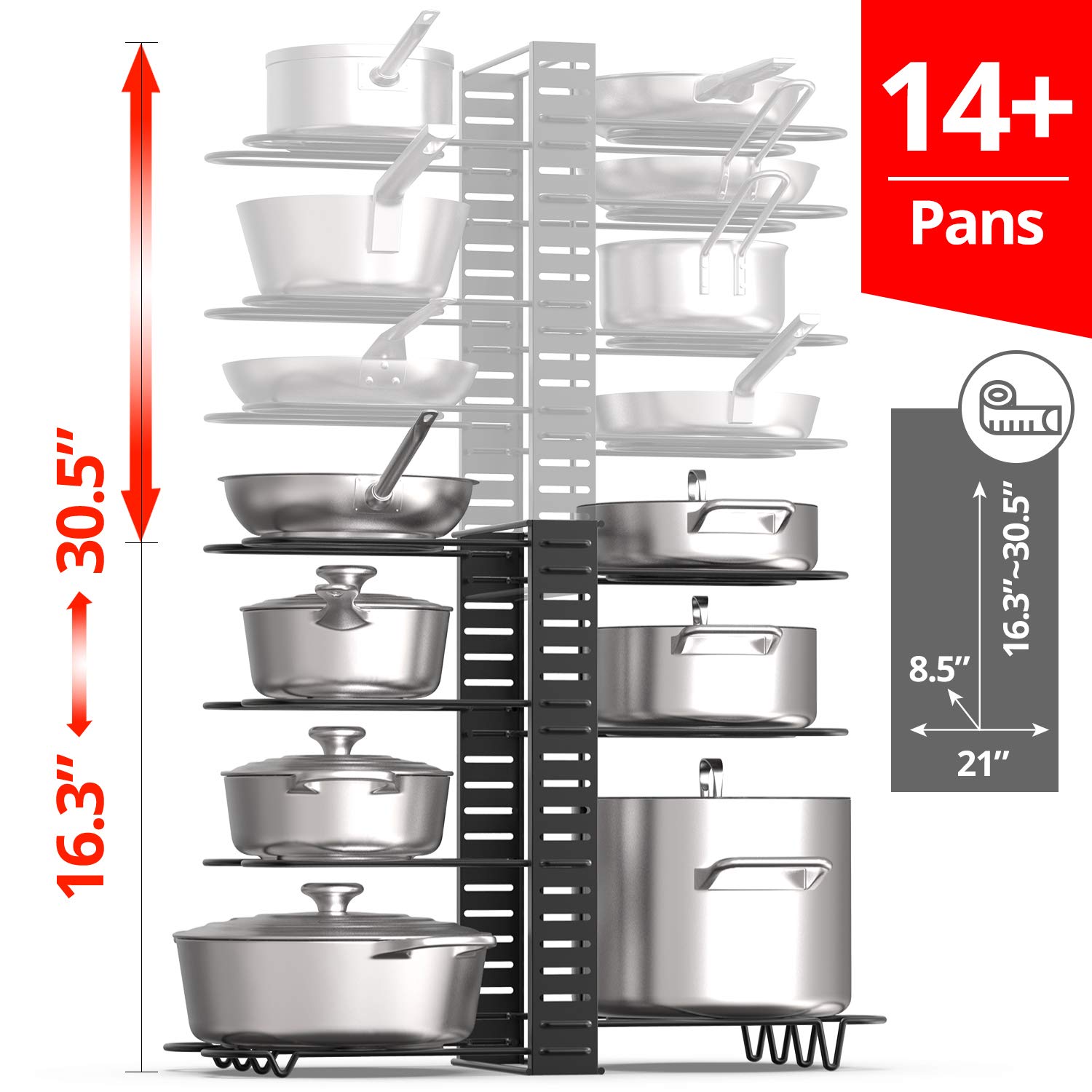 Height Adjustable Home Kitchen Pantry Storage Racks Organizer Pot Pans Lid Cookware Iron shelf, Pan organizer