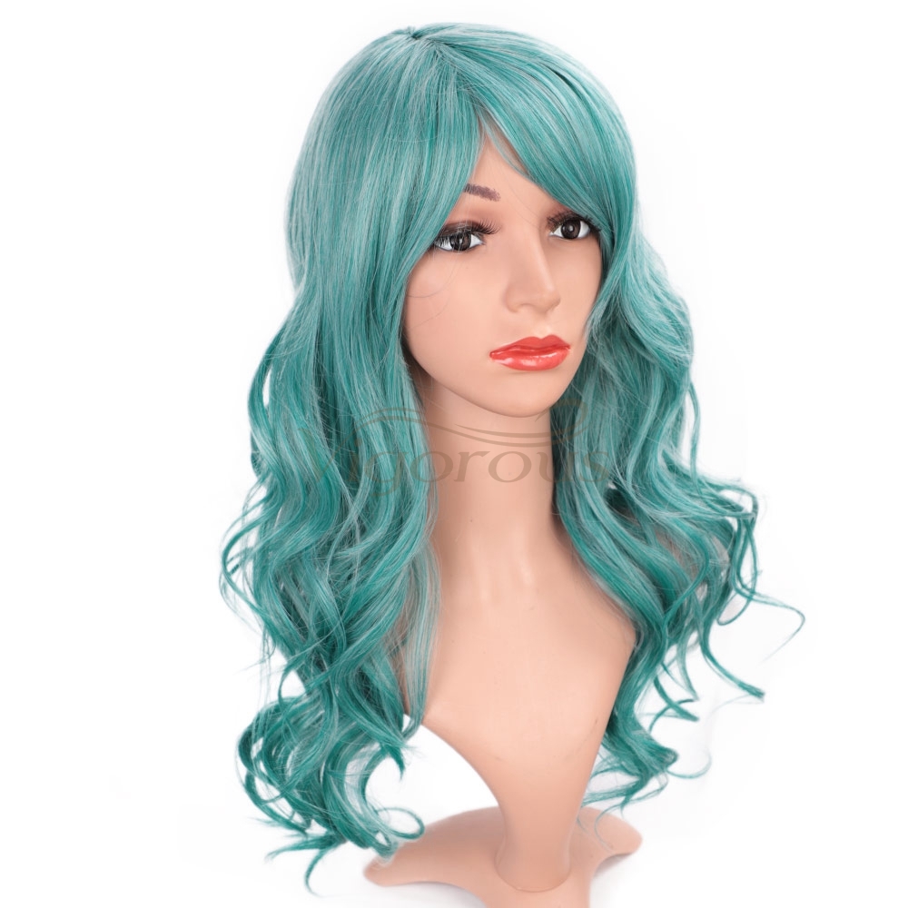 Vigorous Long Curly Lake Blue Wig for Cosplay Girls Women Heat Resistant Fiber Synthetic Hair Party Cosplay Wigs
