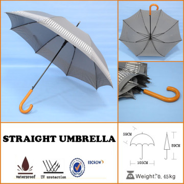 cheap polyester gray straight umbrella with wooden crook handle