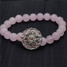 Bracelet de pierres précieuses tendues avec perles rondes en quartz rose 8MM avec pièce en alliage Diamante