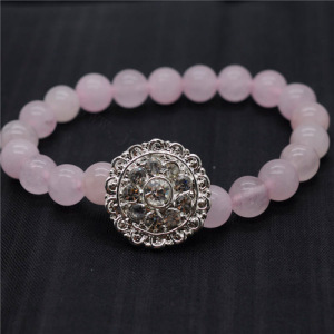 Pulsera de piedras preciosas elásticas de cuarzo rosa de 8 mm de cuarzo rosa con pieza de aleación Diamante