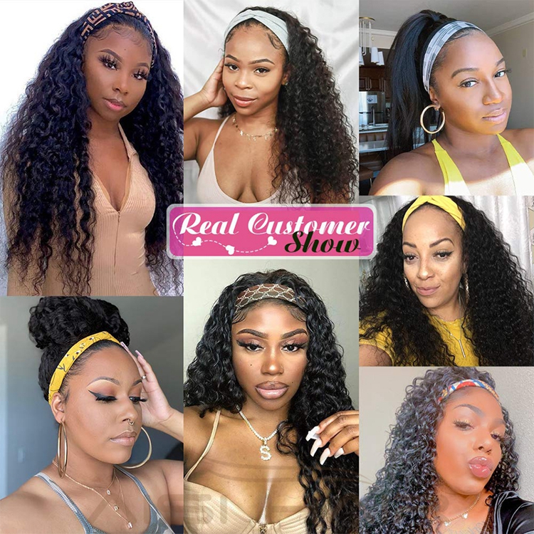 Wholesale Black 20 Inch Body Wave Cheap Black Women Raw Brazillian Real Human Hair Half Wigs With Ice Silk Headband Clipin Curly