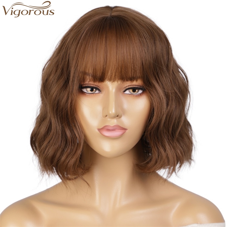 Vigorous Fashion Girl Natural Short Bob Brown Wig With Neat Bangs Synthetic Short Curl Wave Wigs Heat Resistant
