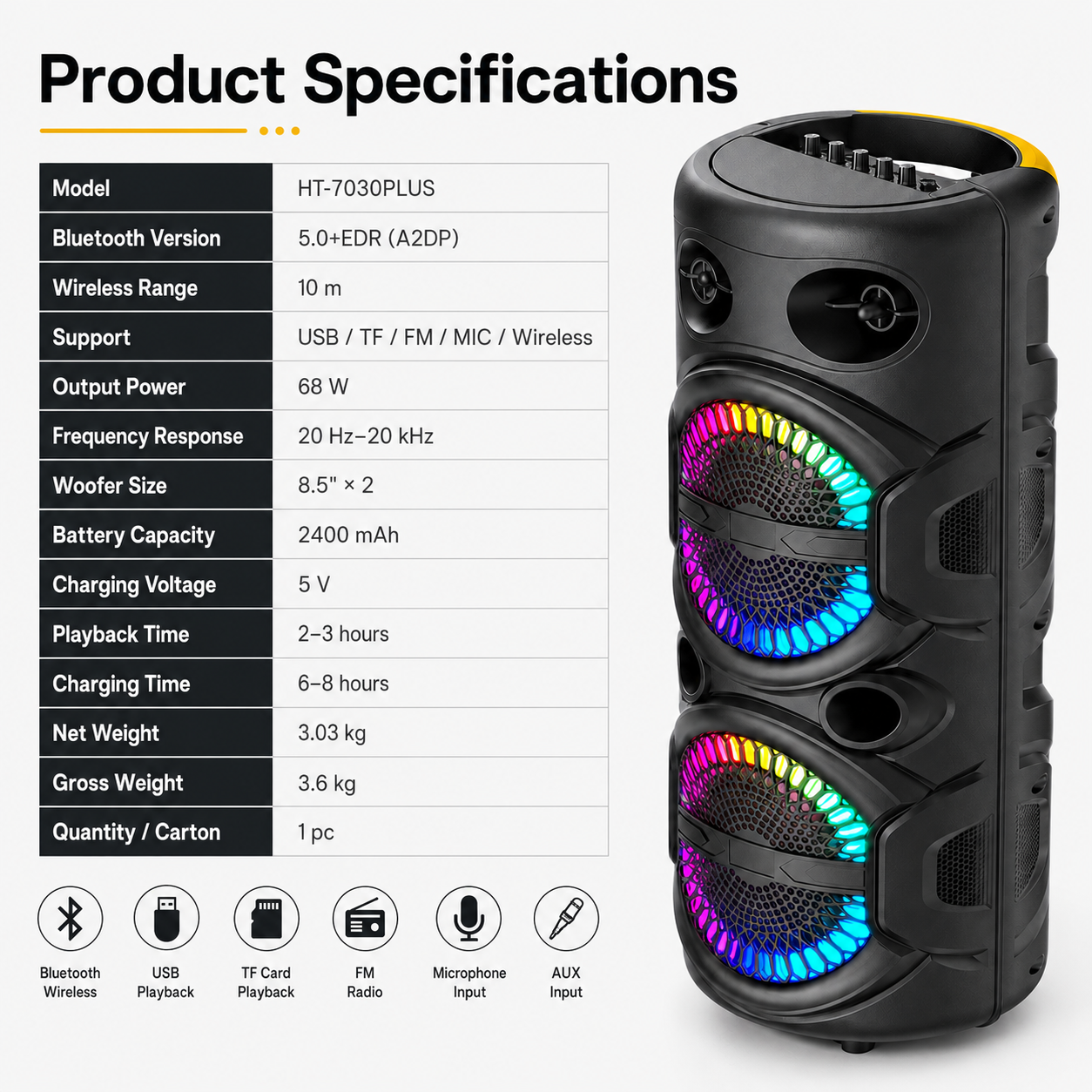 Çift Woofer RGB Parti Hoparlörü Dual Woofer RGB Party Speaker