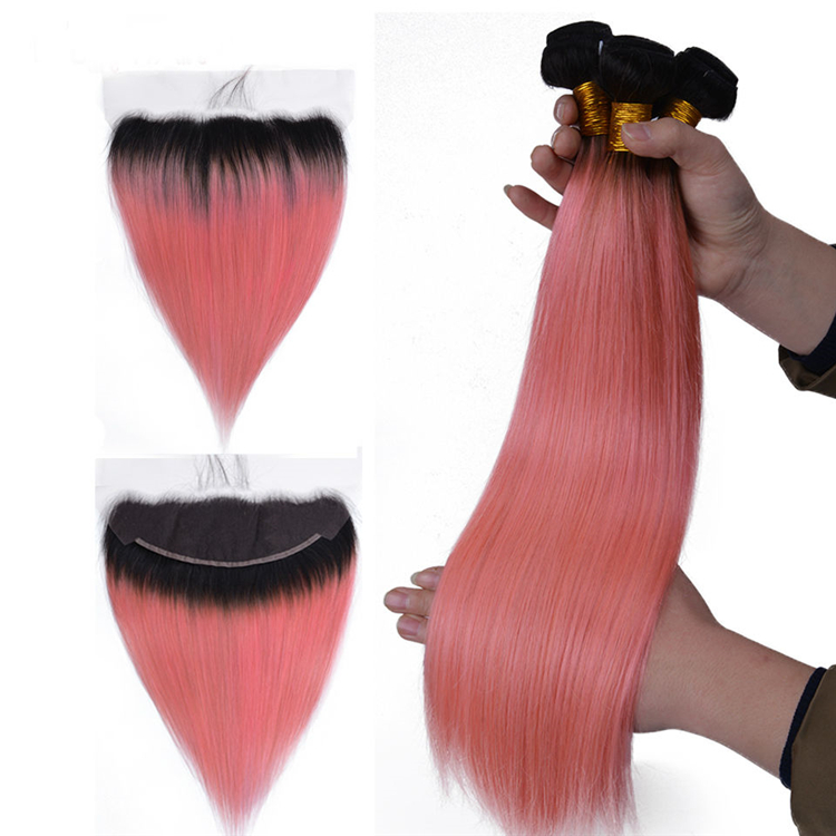 Wholesale Raw Indian Hair Unprocessed Virgin Human Hair Extensions Ombre 1b/pink Hair Bundles With Frontal