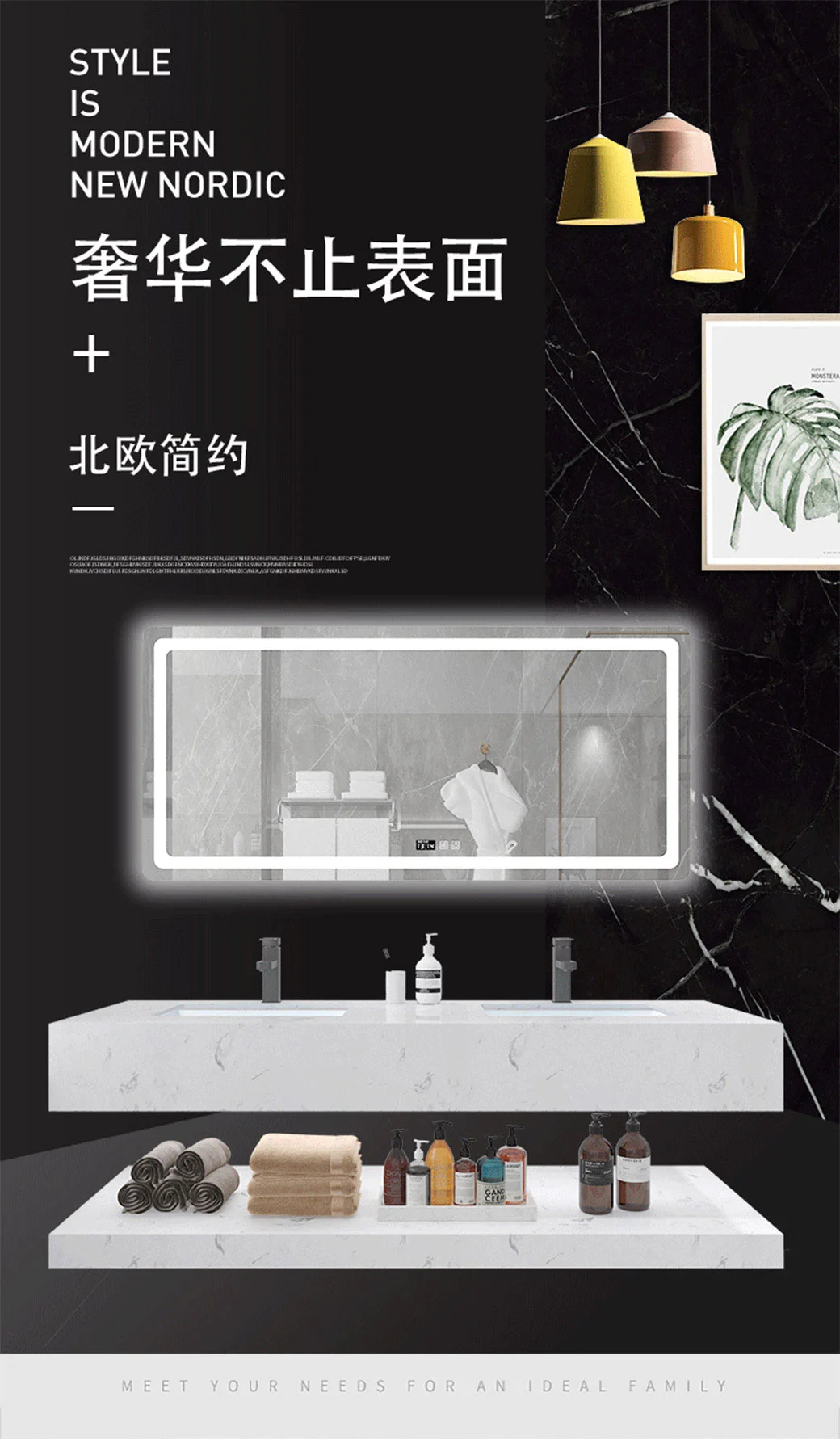 Waterproof LED Wall Hang Mounted Ceramic Wash Hand Basin Bathroom Cabinet Vanity with Artificial Stone Counter