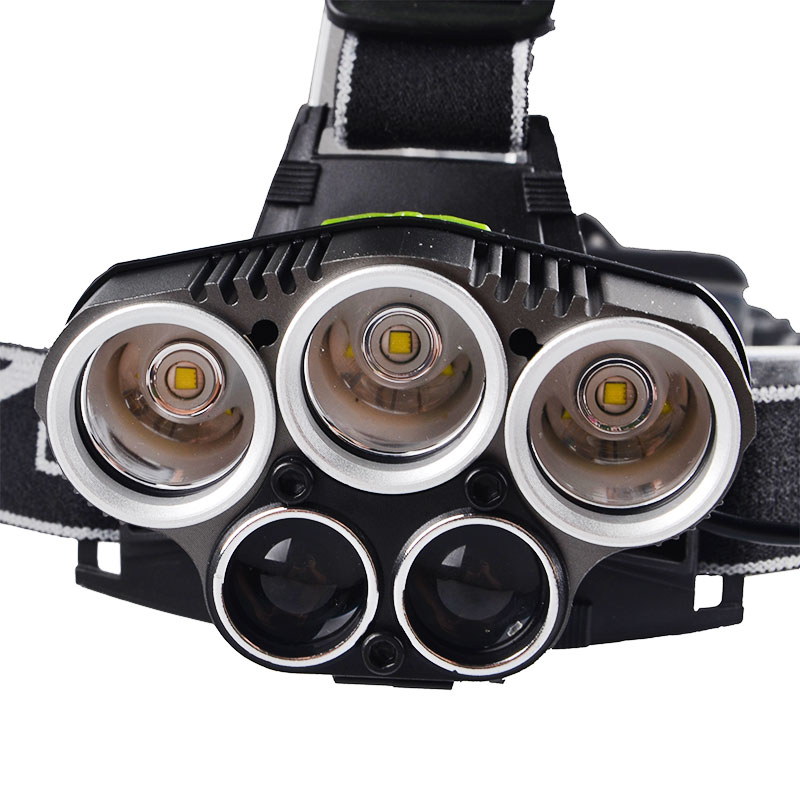 Aluminium berkualiti tinggi 1800 Lumen boleh dicas semula 5LED HEADLAMP BRIGHTEST 18650 3*T6+2*R2 LED LED