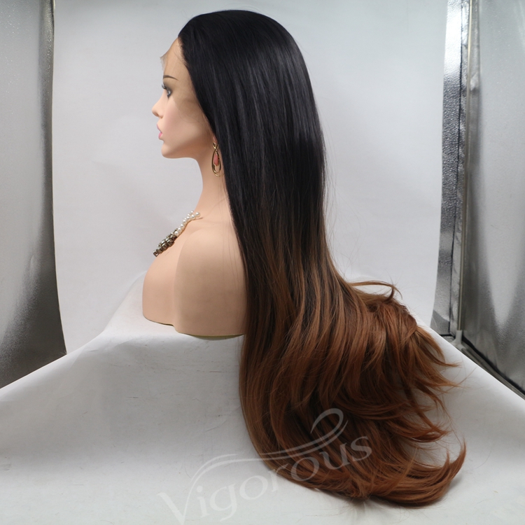 Vigorous ombre brown long straight premium high quality wholesale black women synthetic hair wigs with lace