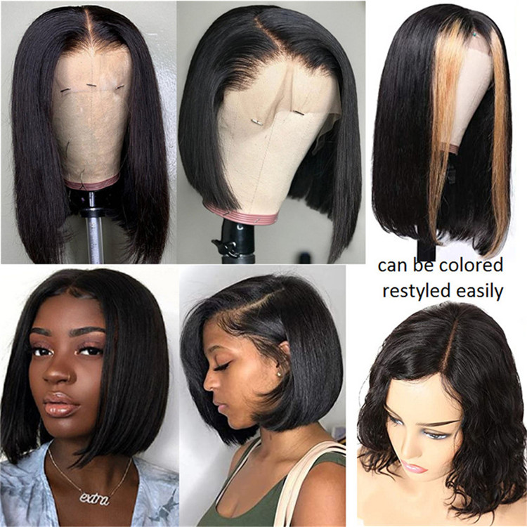 13X6 Lace Front Bob Wig Short Straight Brazilian Human Hair Deep Part 180% Density Natural Black Pre Plucked 10inch