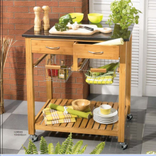 Cheap solid Bamboo kitchen serving trolley with basket