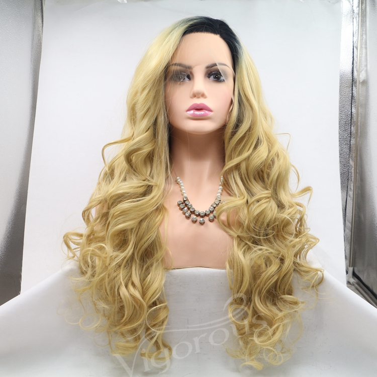 Vigorous ombre gold long premium high quality straight wave wholesale black women synthetic hair wigs with lace front