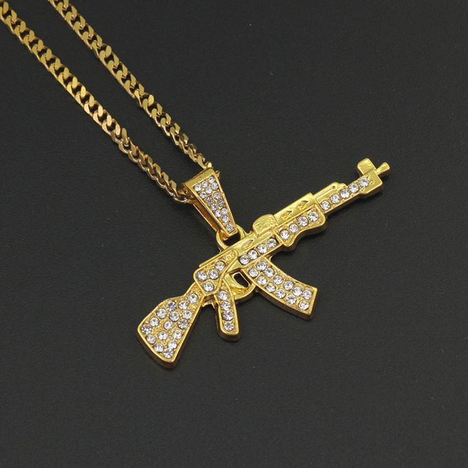 Hip hop AK47 gun zinc alloy pave with crystal rhinestone gold pendant necklace man women  jewelry