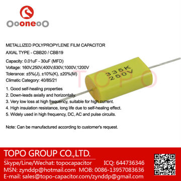 Axial flat polypropylene film capacitor 160V 250V 400V 630V 1000V 1200V