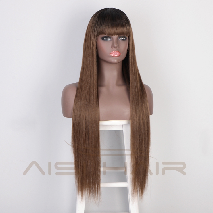 Aisi Hair Top Quality Cheap Long Silky Straight Fiber Wigs High Temperature Synthetic Fiber Wig Ombre Brown Wigs Wiht Bangs