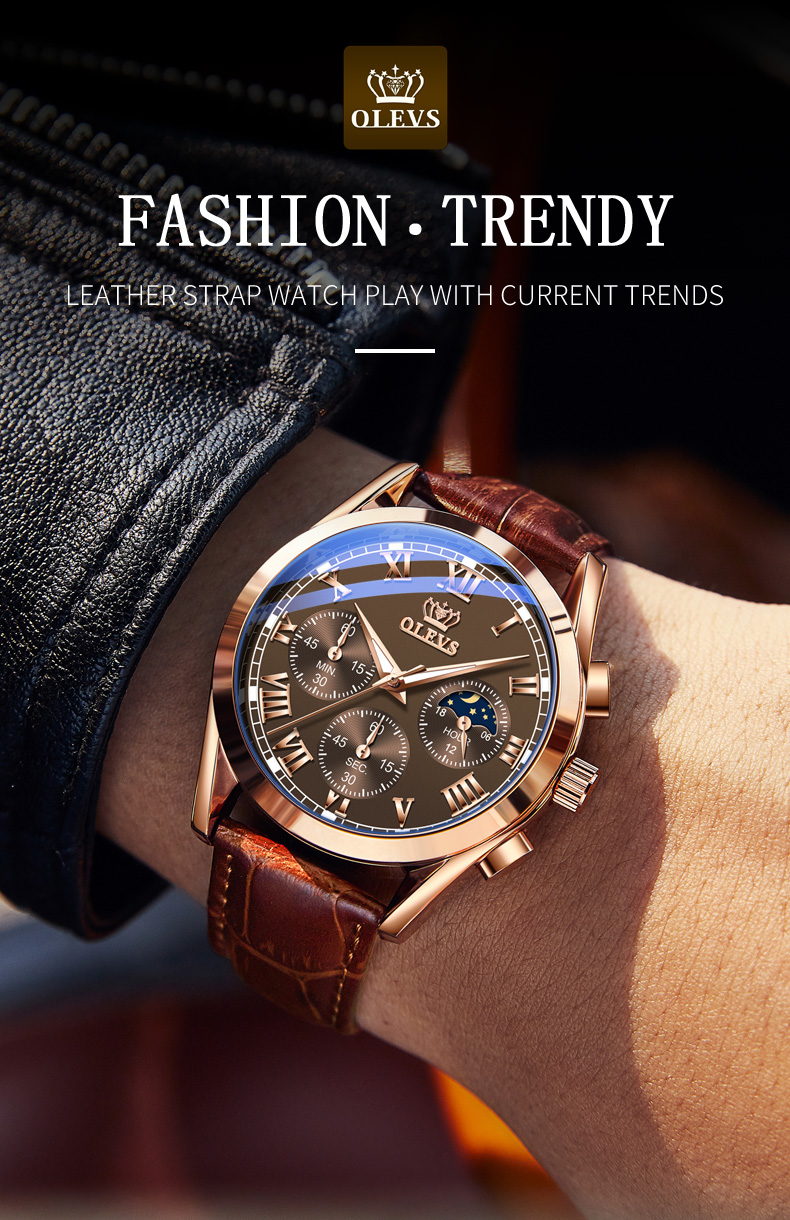 OLEVS Watch 2871 Multifunctional Sports Fashion Genuine Leather Wristwatch Chronograph Waterproof Luminous Men's Watch