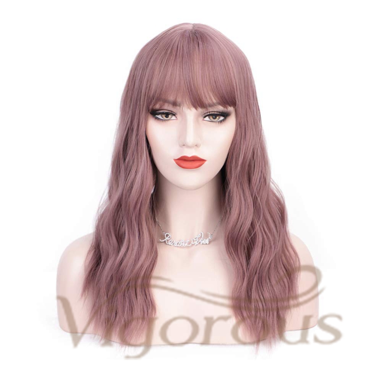 Vigorous Hot Selling Cheap Price Long Body Wave With Neat Bangs Pink High Temperature Fiber For Black Women Synthetic Hair Wigs