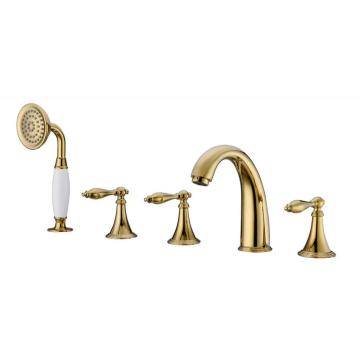 Bathroom European Classic Deck Mount 5 Hole Antique Faucet Brass Golden Bathtub Taps with Shower Sprayer