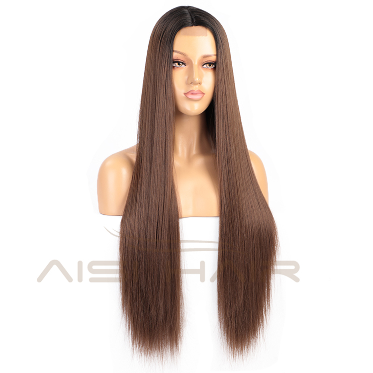 Aisi Hair Cheap High Quality Long Silky Straight Ombre Brown Dark Root Lace Wig Synthetic Hair Lace Front Wigs For Black Women