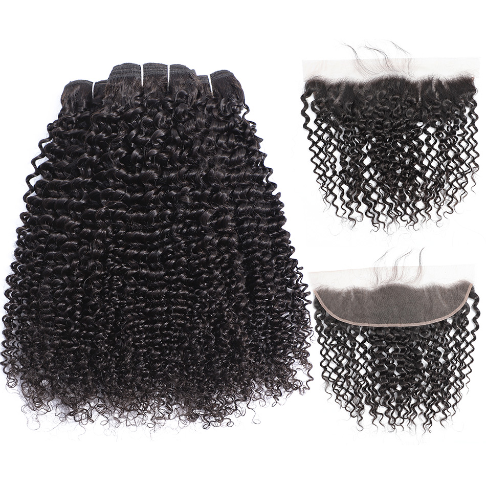 8A Grade Virgin Peruvian Kinky Curly Human Hair Bundles And Pre Plucked Swiss Lace Frontal Closure Free Part