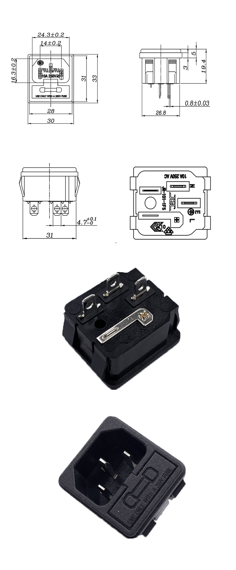 IEC JR-101-1FS industrial outlet socket female power connector 10A 250V insert type