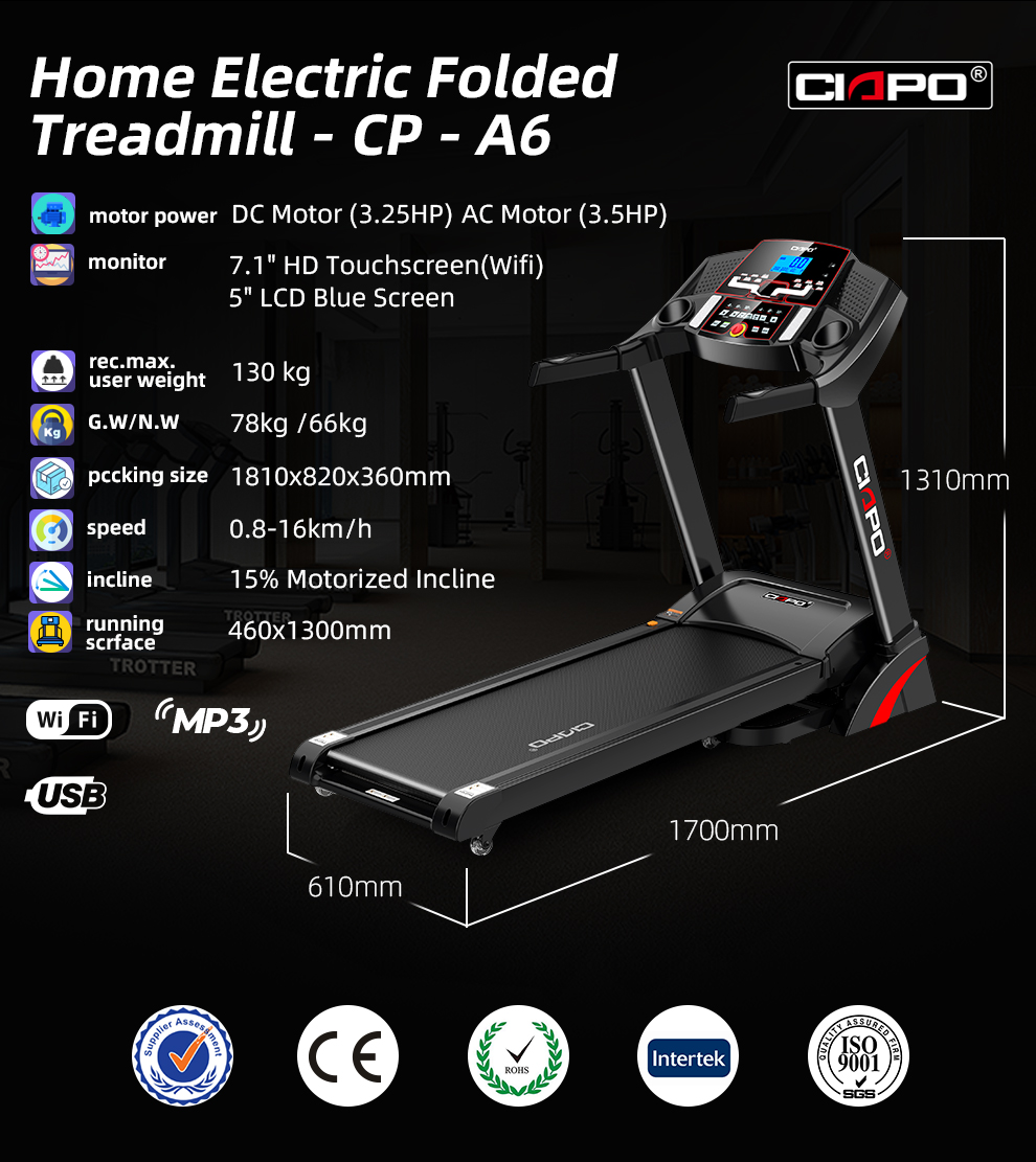 CP-A6 Top Quality Motor Incline 3.0HP Home Deluxe Motorized Treadmills