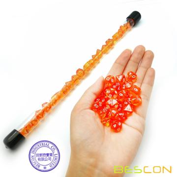 Bescon 28pcs Translucent Orange Mini Polyhedral Dice Set en Tube, Dungeons and Dragons RPG Dice 4X7pcs, Mini Gem Dice Set