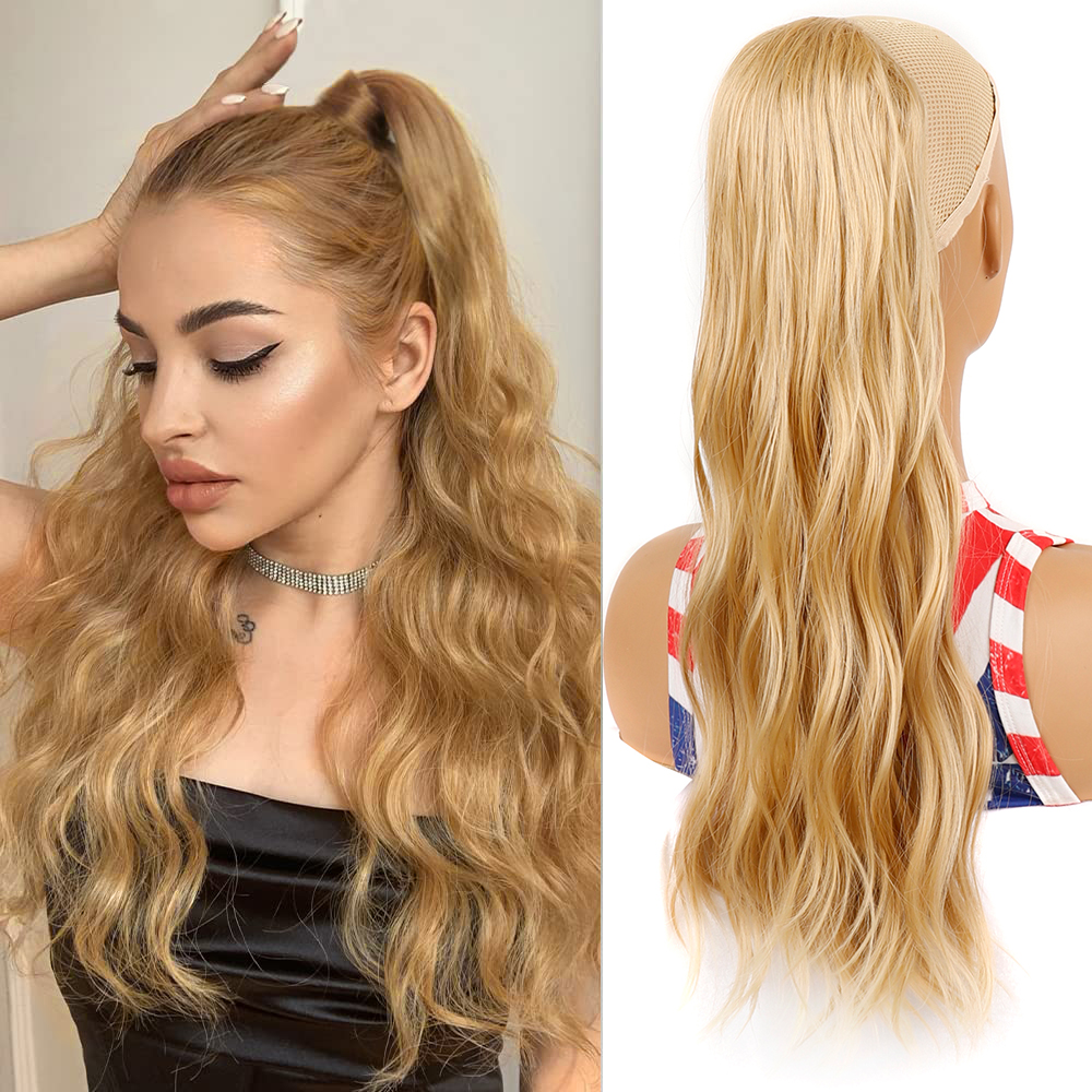 Alileader Top Grade Long Curly Ponytail Heat Resistant Fiber Water Wavy Ponytail Synthetic Clip In Hair Extension