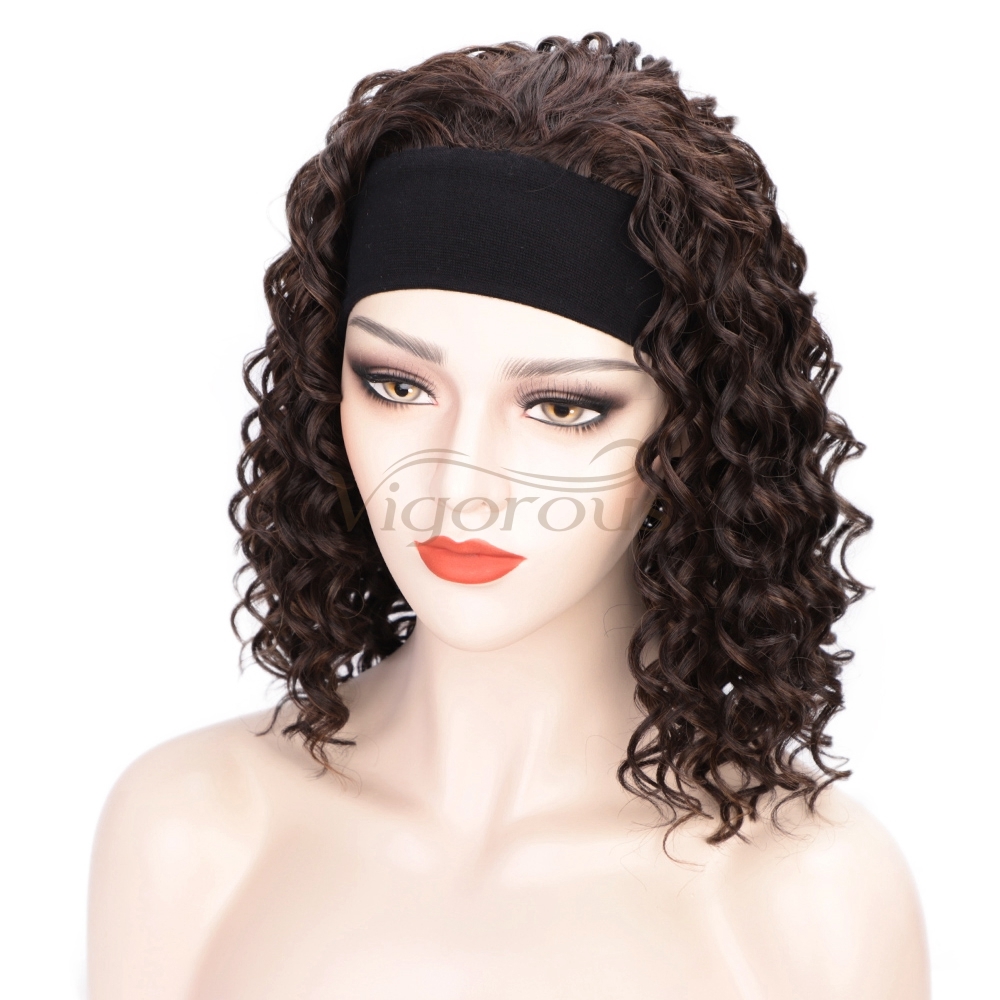 Vigorous Curly Synthetic Wigs for White Women Mixed Brown Colors African American Wigs Short 3/4 Half Wigs with Headband