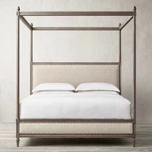 French Retro Solid Oak Wood Four Poster Queen King Size Bed