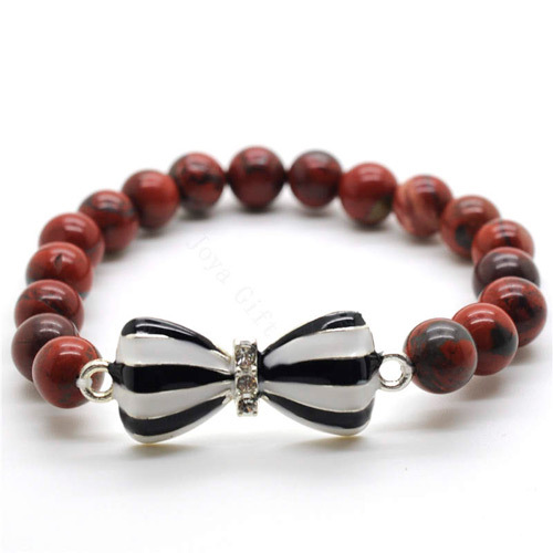 Red Jasper 8MM Round Beads Stretch Gemstone Bracelet with Diamante bow tie Alloy Piece