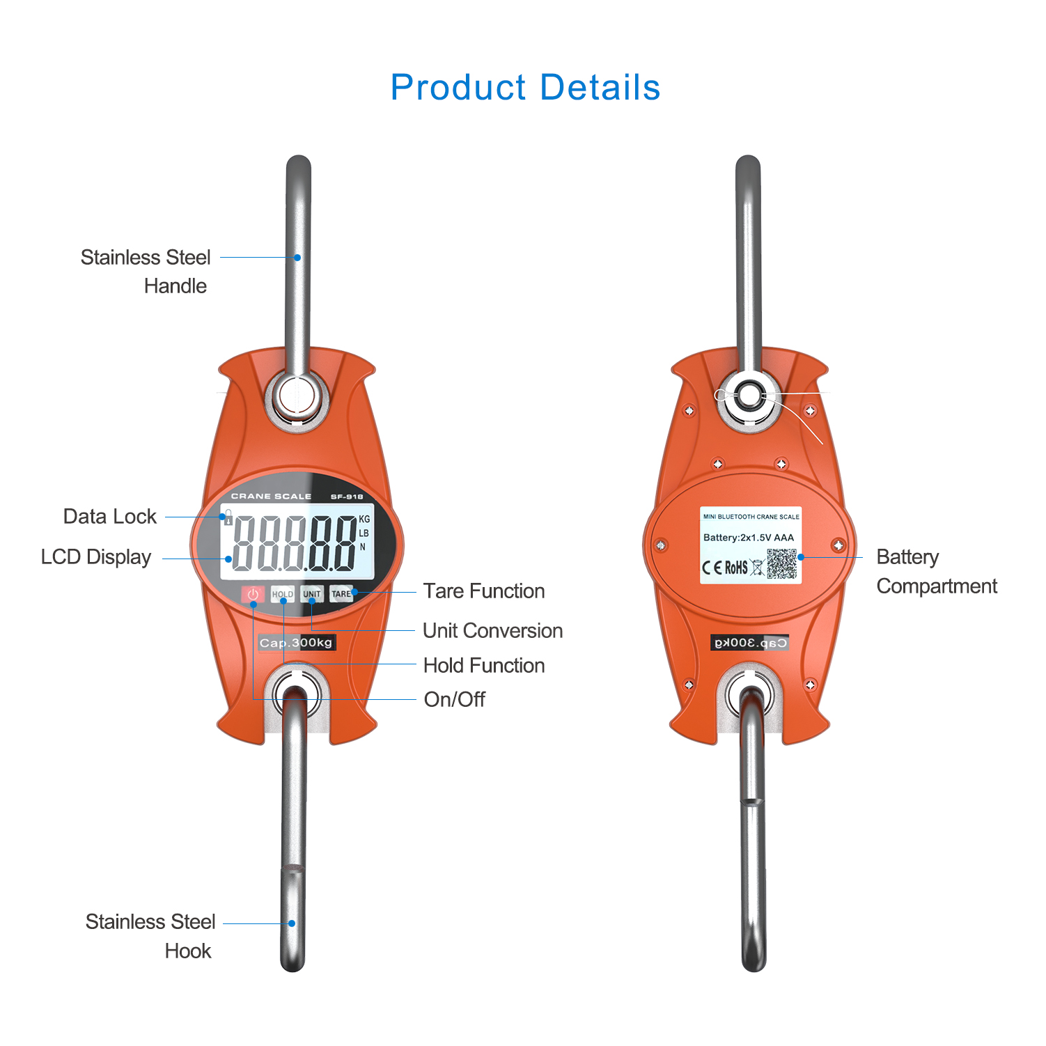 660Lb Digital Hanging Scale with Cast Aluminum Case Handheld 300Kg Mini crane scale