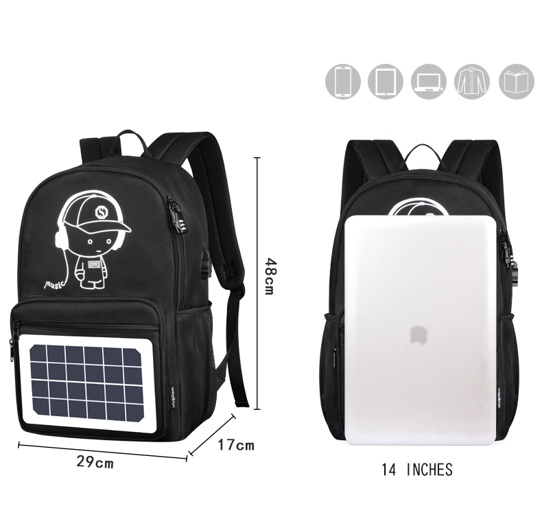 Μαύρο αντι-κλοπή υπαίθρια νερό ανθεκτικό στο φωτεινό λογότυπο Solar Panel Backpack με φορτιστή USB