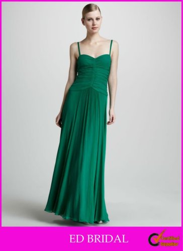 A-Line/Princess Sweetheart Floor Length Chiffon Spaghetti Straps Draped Horizontal Pleats Emerald Green Evening Dress