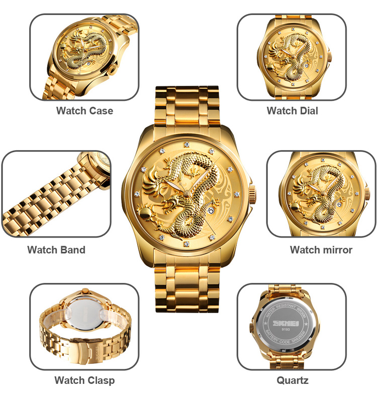 china wholesale skmei 9193 stainless steel back quartz watches golden dragon watch