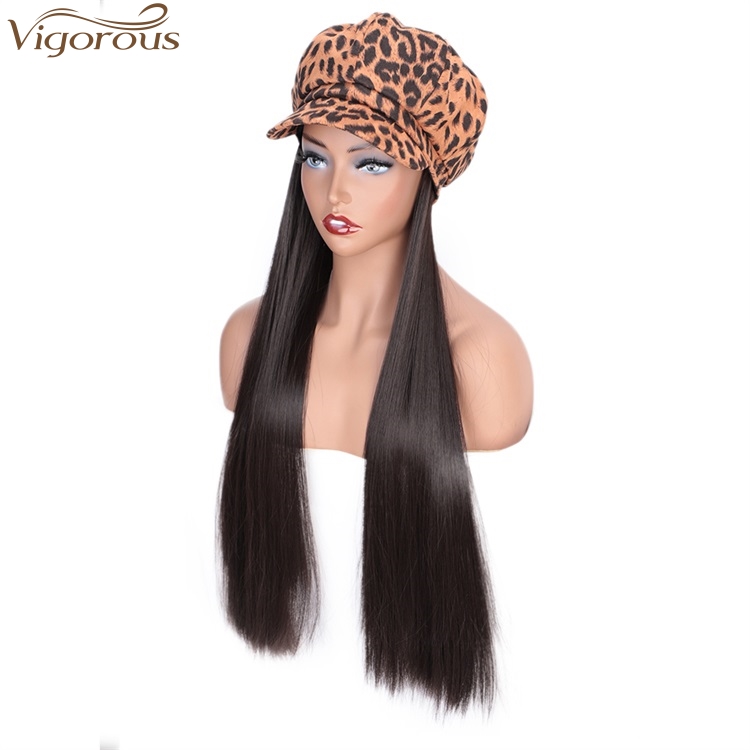 Vigorous Black Synthetic Fiber Wig With Orange Leopard Hat For Women Straight Heat Resistant Glueless Hair Wigs