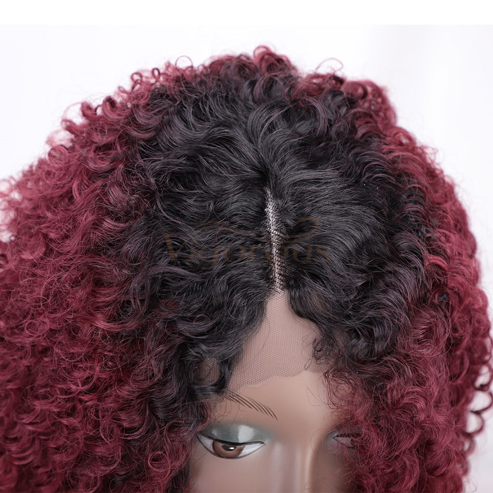 Vigorous Hair Ombre Wine Red Synthetic Lace Front Wig Short Kinky Curly Wigs for Black Women Daily Party Cosplay Wig 16 Inch