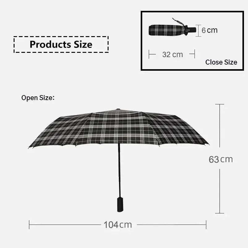 Grey Business Man Umbrella Plaid Fabric Three Folding Umbrella Fully Automatic with Customized