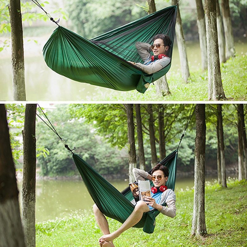 Portable Camping Single Double Hammock with Tree Straps, Lightweight Nylon Parachute Hammocks with Mosquito Net