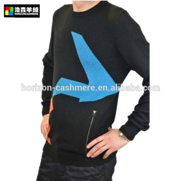 Men Wool/Cashmere Sweater, Men Black Print Intarsia Sweater