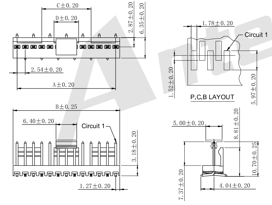 2.54 มม. พิทช์ 180 °เวเฟอร์ SMT AW2543VB-S-XP