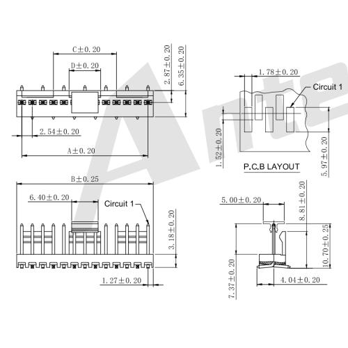 2.54mm padang 180 ° wafer-smt AW2543VB-S-XP