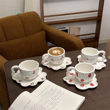 Retro Hand-Pinched Ceramic Cups with Cherry Flower and Strawberry Patterns and Heart-Shaped Handles